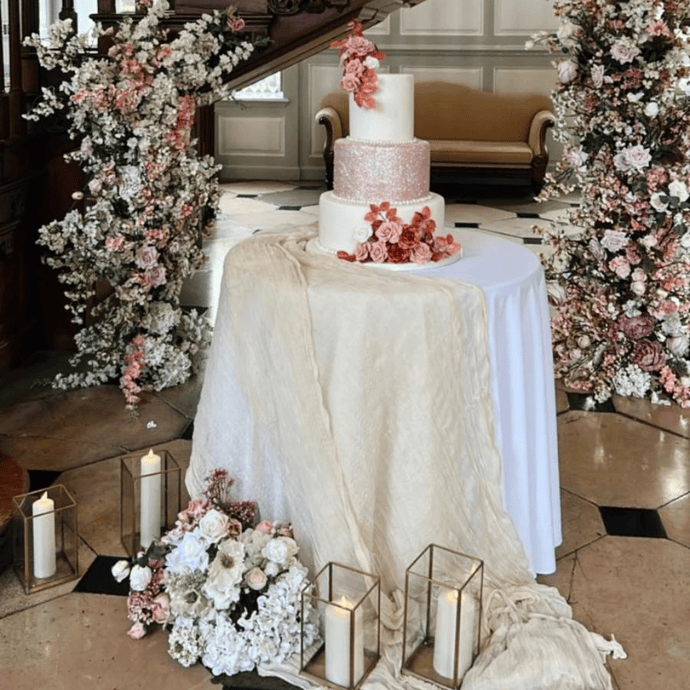 Wedding Cake display with Fool Flowers at Gosfield Hall - Camellio Wedding Planning and Events - Essex Wedding Planner