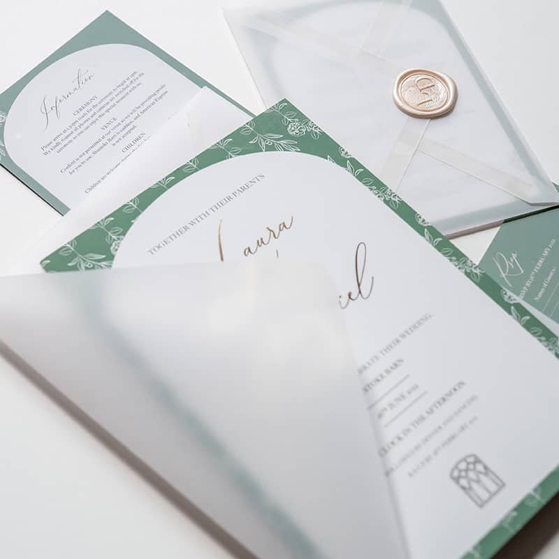 Personalised stationery with sage tone and bellum envolope and eax seal by Thirty Three px - Camellio Wedding Planning and Events - Essex Wedding Planner